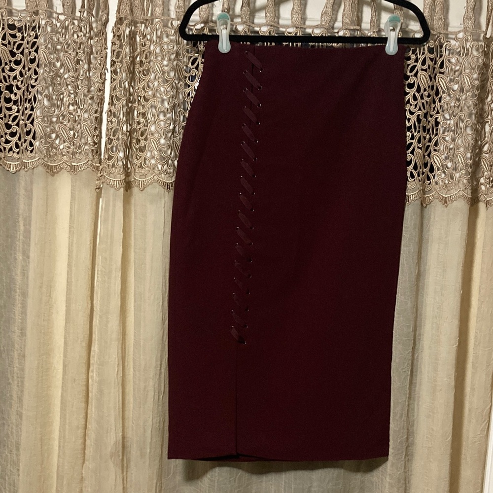 Women's Burgundy Pencil Skirt with Front Lace-Up Detail